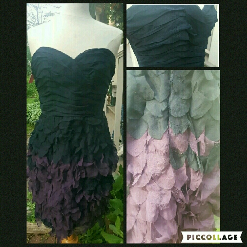 ABS Raw Edge FLIPPY Petal Silk Ombre Strapless tiered Dress black swan Prom
